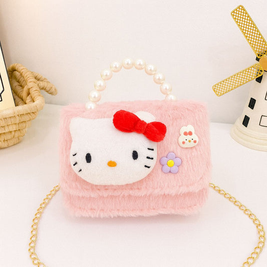 Cute Kuromi Plush Handbag for Kids Pearl Handle & Gold Chain | Mini Crossbody Shoulder Bag