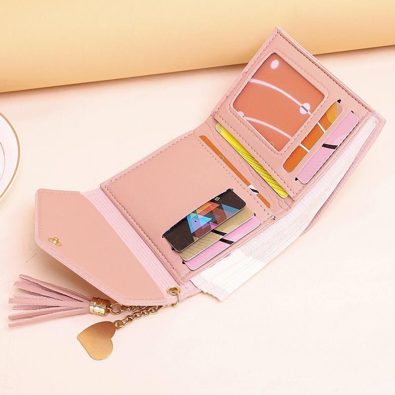 Women’s Mini Color-Block Wallet Compact Card Holder with Tassel & Snap Closure