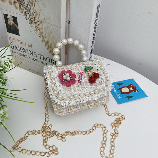 Mini Pearl Handle Tweed Handbag Cute Cherry Embellished Crossbody Purse for Girls