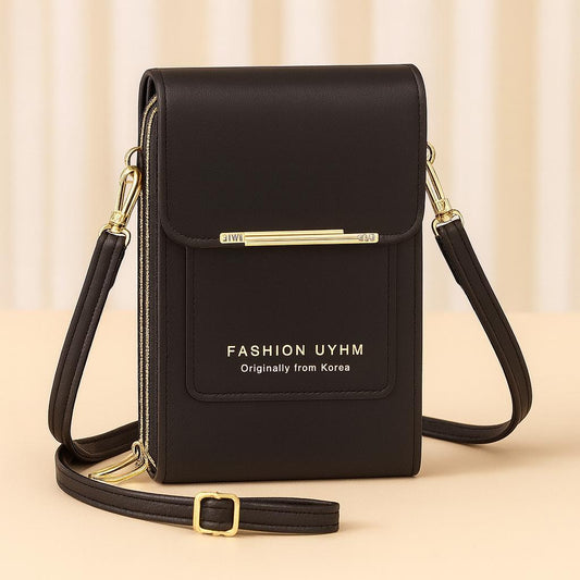Trendy Crossbody Mobile Shoulder Bag with Double Zipper & Transparent Back Pocket