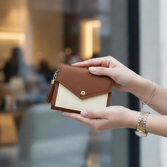 Women’s Mini Color-Block Wallet Compact Card Holder with Tassel & Snap Closure