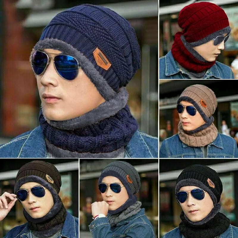 Men’s Winter Knitted Beanie Hat & Neck Warmer Set  Soft Fleece Lined Thermal Cap for Cold Weather