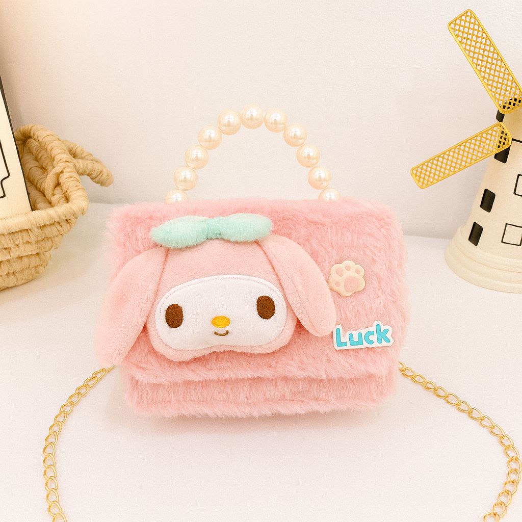 Cute Kuromi Plush Handbag for Kids  Pearl Handle & Gold Chain | Mini Crossbody Shoulder Bag