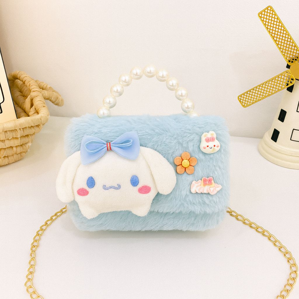 Cute Kuromi Plush Handbag for Kids  Pearl Handle & Gold Chain | Mini Crossbody Shoulder Bag