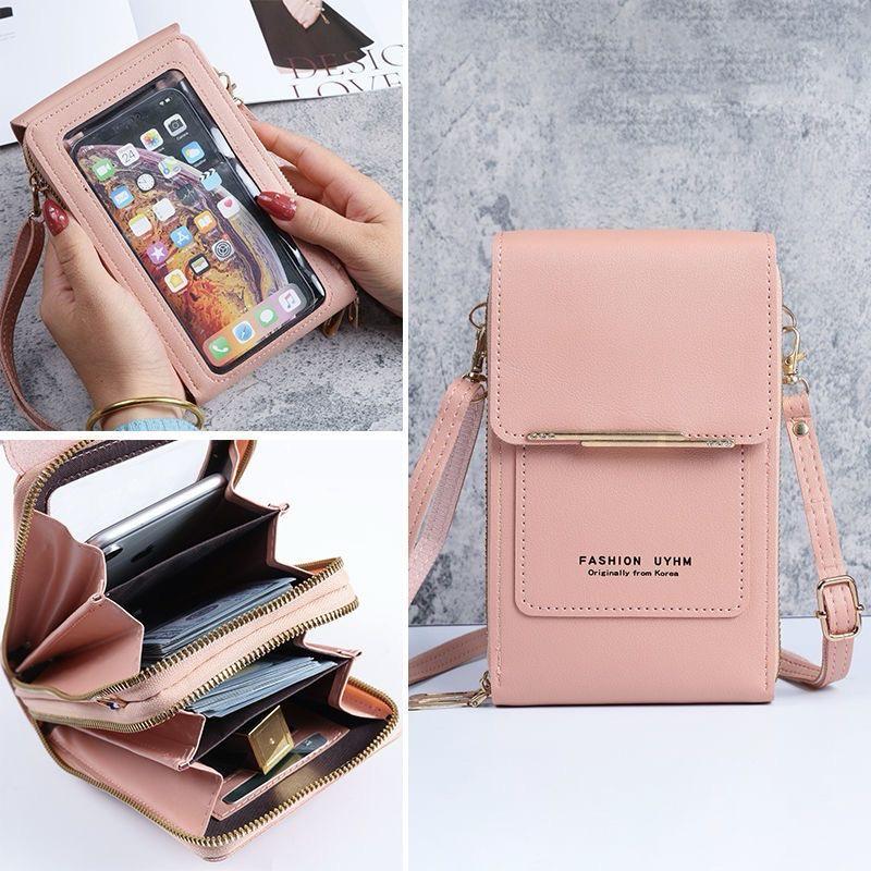 Trendy Crossbody Mobile Shoulder Bag with Double Zipper & Transparent Back Pocket