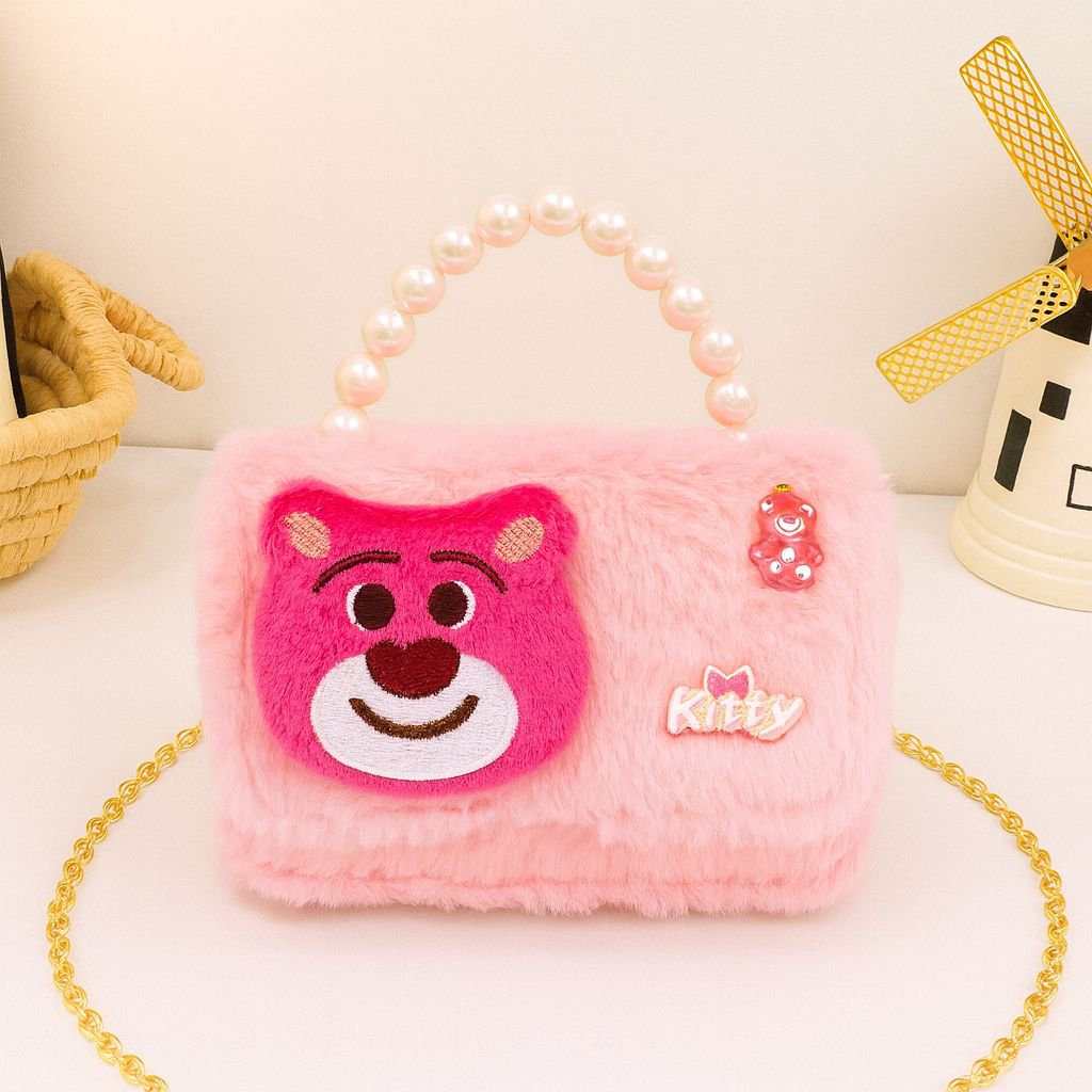 Cute Kuromi Plush Handbag for Kids  Pearl Handle & Gold Chain | Mini Crossbody Shoulder Bag