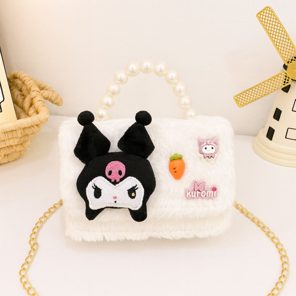 Cute Kuromi Plush Handbag for Kids  Pearl Handle & Gold Chain | Mini Crossbody Shoulder Bag
