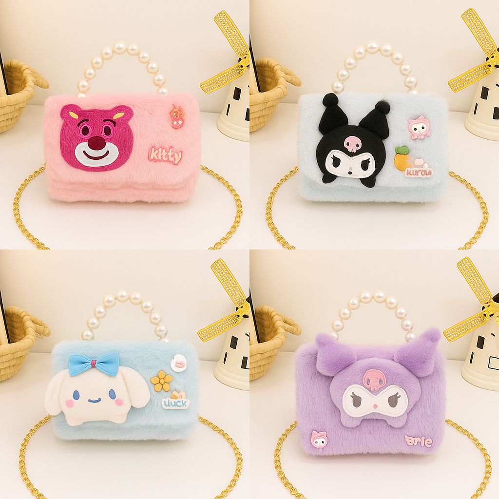 Cute Kuromi Plush Handbag for Kids  Pearl Handle & Gold Chain | Mini Crossbody Shoulder Bag