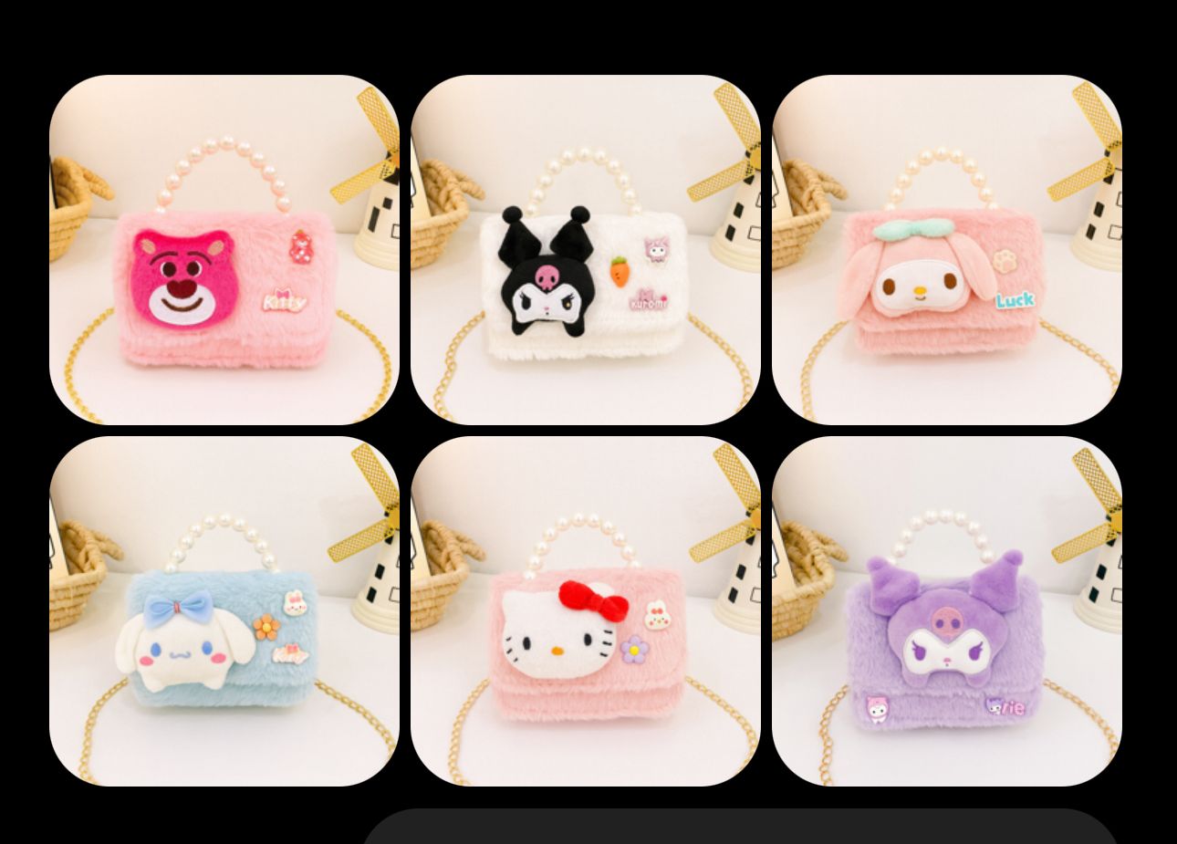 Cute Kuromi Plush Handbag for Kids  Pearl Handle & Gold Chain | Mini Crossbody Shoulder Bag