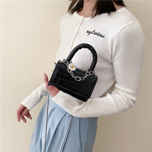 Elegant Croc Pattern Mini Handbag with Chain Strap – Black
