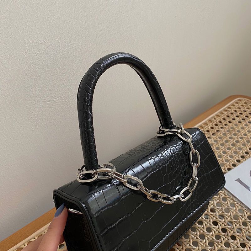 Elegant Croc Pattern Mini Handbag with Chain Strap – Black