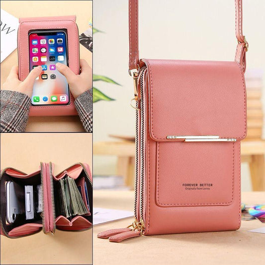 Trendy Crossbody Mobile Shoulder Bag with Double Zipper & Transparent Back Pocket