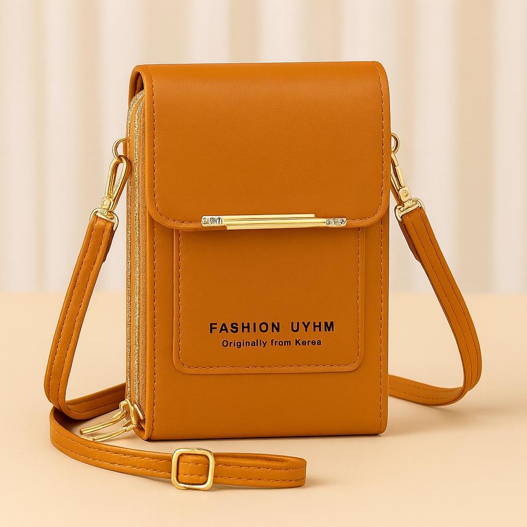 Trendy Crossbody Mobile Shoulder Bag with Double Zipper & Transparent Back Pocket