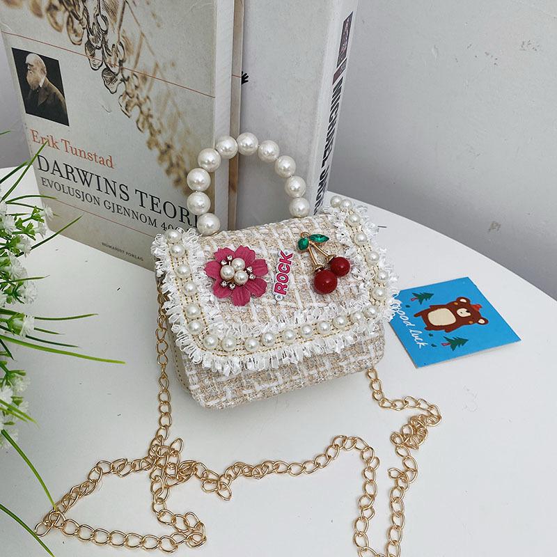 Mini Pearl Handle Tweed Handbag  Cute Cherry Embellished Crossbody Purse for Girls