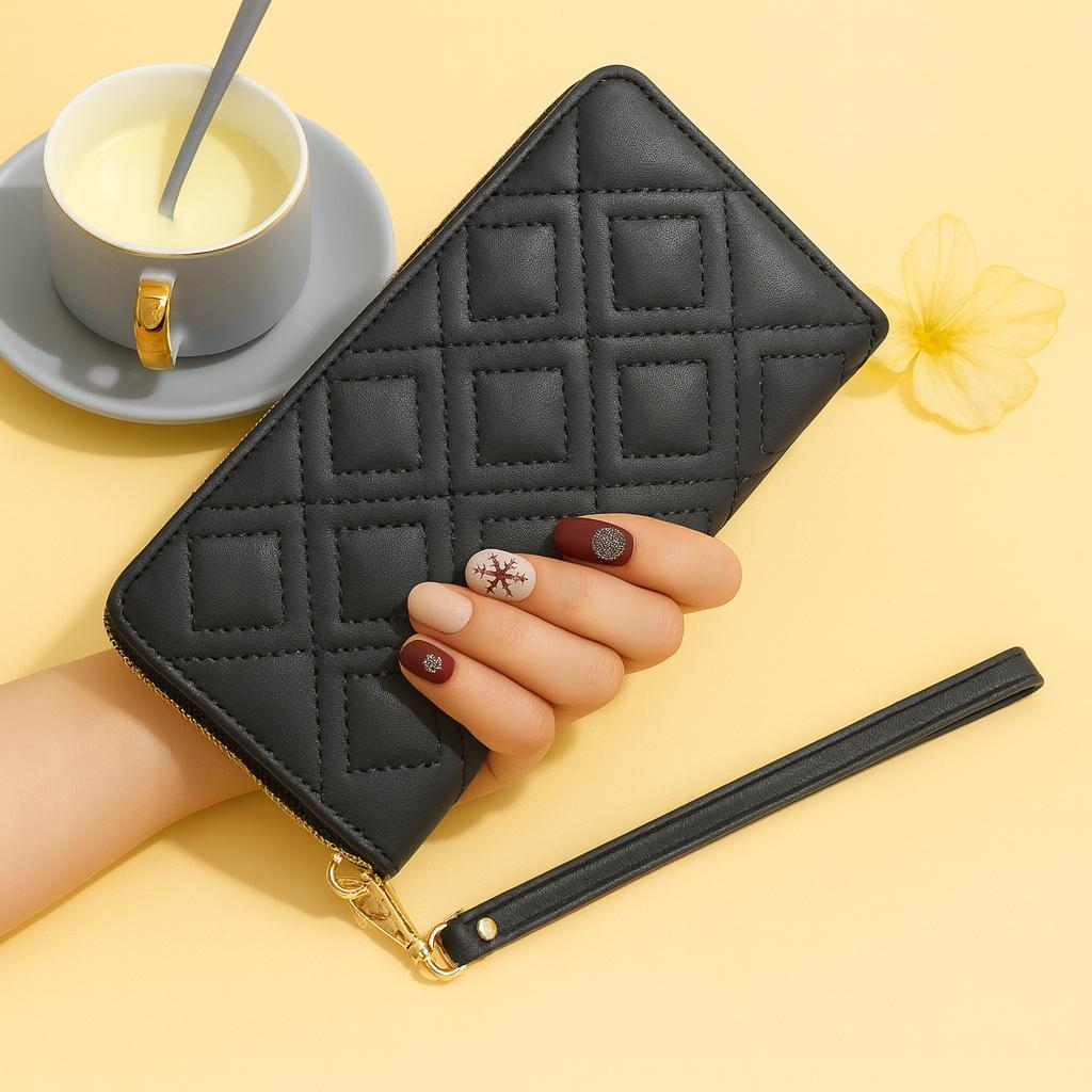 Elegant Quilted PU Leather Wallet  Premium Zipper Clutch Purse with Wrist Strap for Women