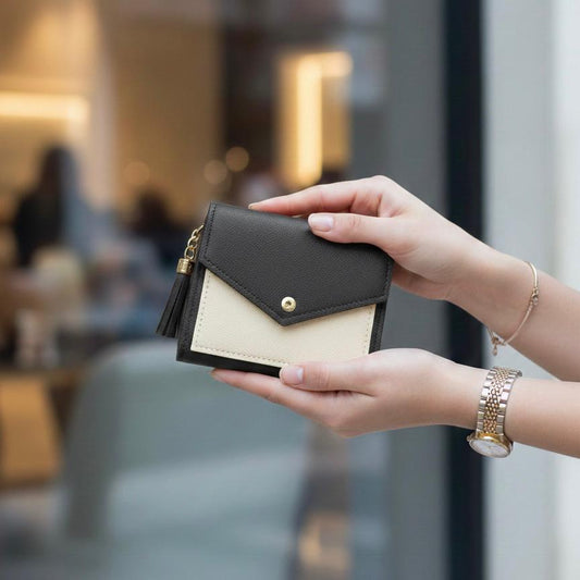 Women’s Mini Color-Block Wallet  Compact Card Holder with Tassel & Snap Closure