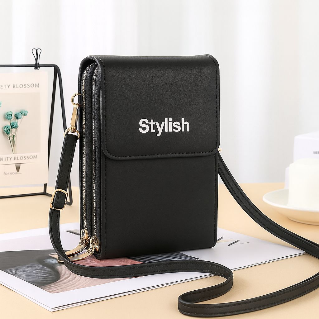 Stylish Crossbody Mobile Shoulder Bag with Double Zipper & Transparent Back