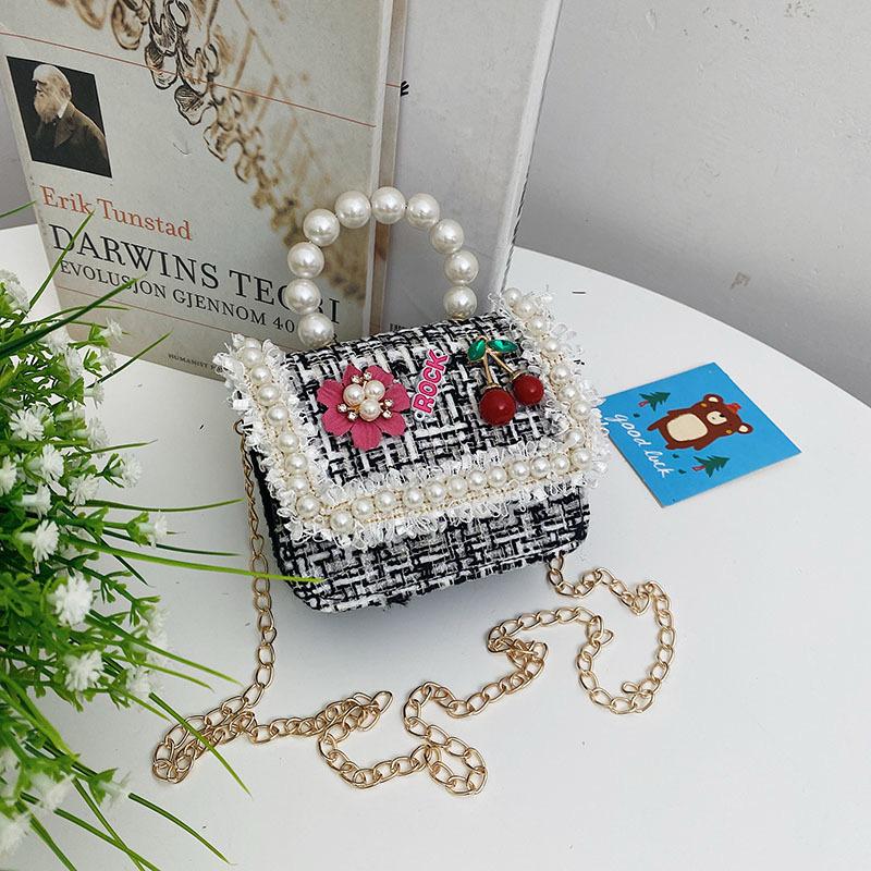 Mini Pearl Handle Tweed Handbag  Cute Cherry Embellished Crossbody Purse for Girls