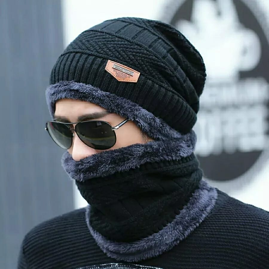 Men’s Winter Knitted Beanie Hat & Neck Warmer Set  Soft Fleece Lined Thermal Cap for Cold Weather