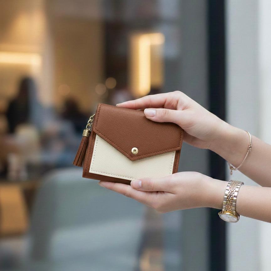 Women’s Mini Color-Block Wallet  Compact Card Holder with Tassel & Snap Closure