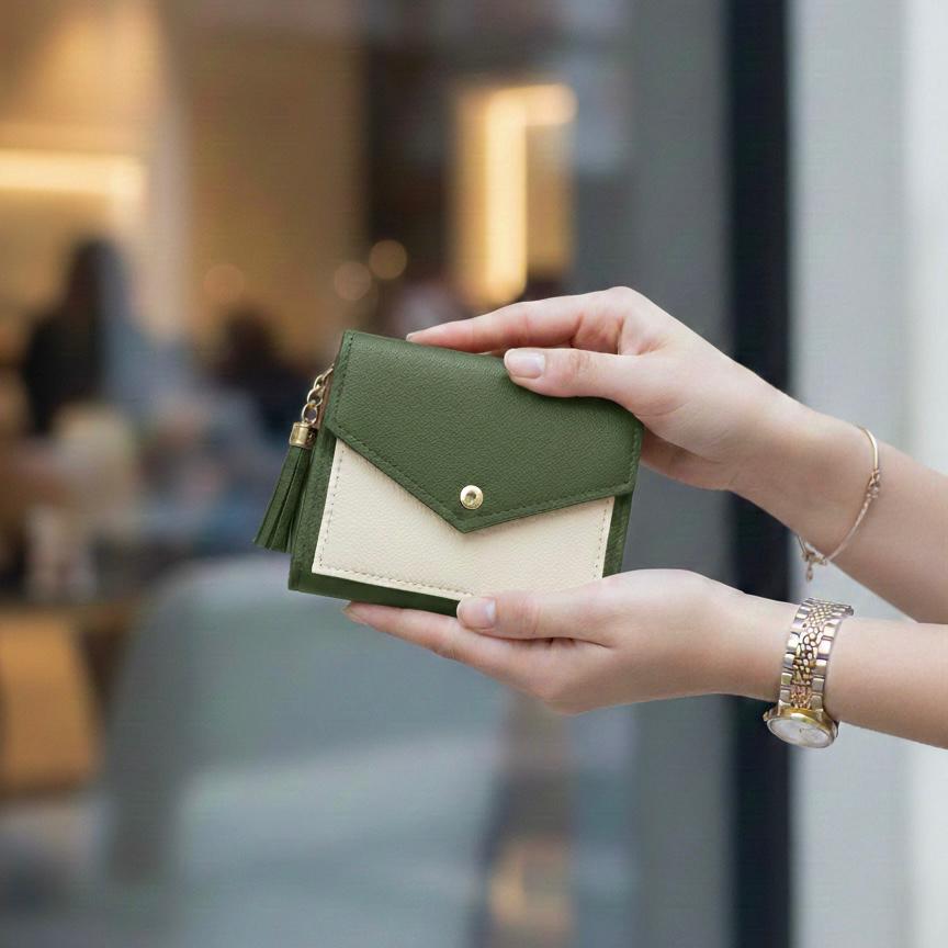 Women’s Mini Color-Block Wallet  Compact Card Holder with Tassel & Snap Closure