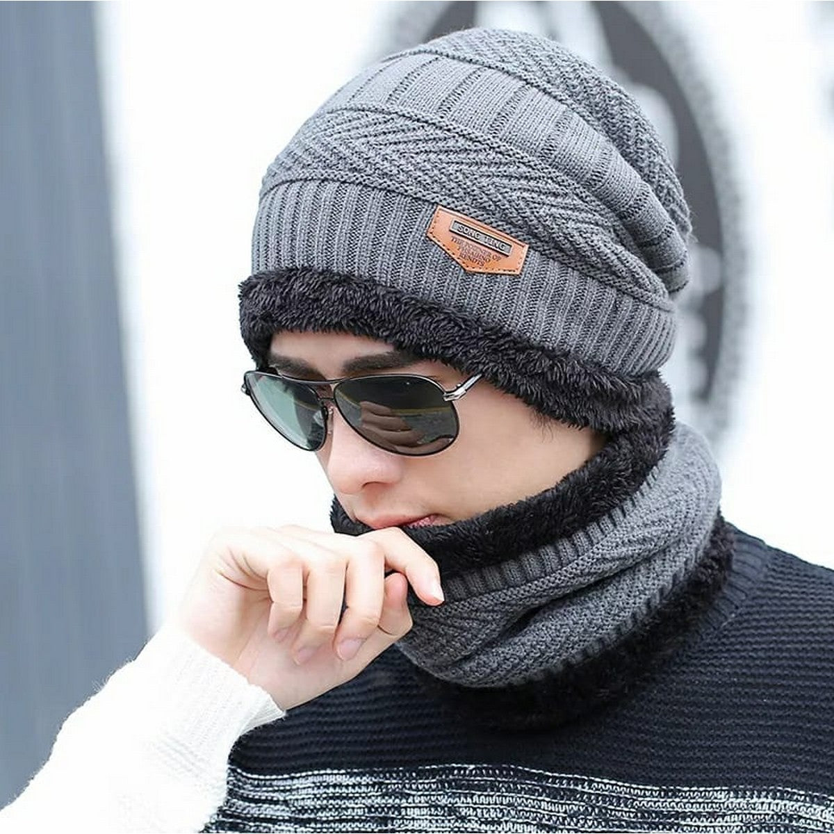 Men’s Winter Knitted Beanie Hat & Neck Warmer Set  Soft Fleece Lined Thermal Cap for Cold Weather