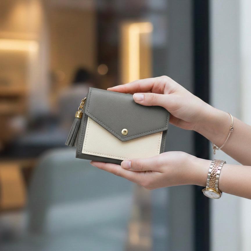 Women’s Mini Color-Block Wallet  Compact Card Holder with Tassel & Snap Closure