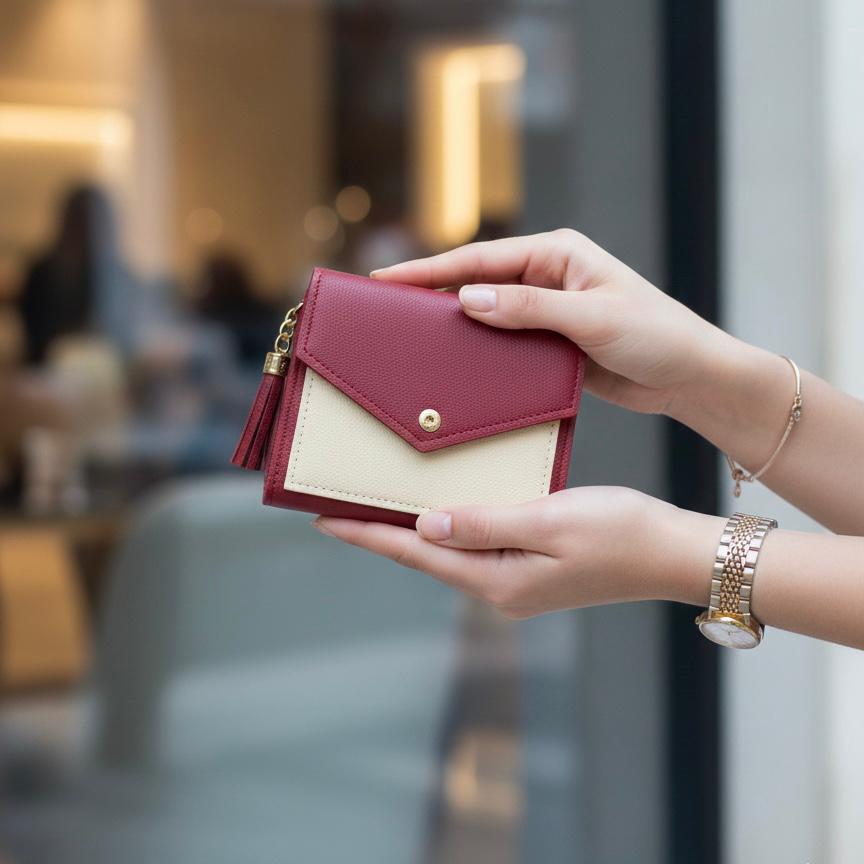 Women’s Mini Color-Block Wallet  Compact Card Holder with Tassel & Snap Closure