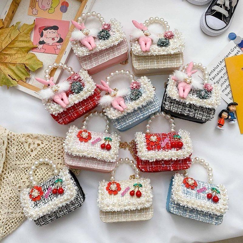 Mini Pearl Handle Tweed Handbag  Cute Cherry Embellished Crossbody Purse for Girls