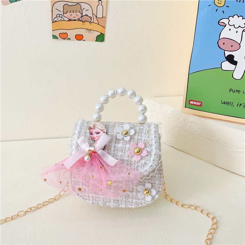 Princess Pearl Handle Tweed Mini Handbag  Cute Pink Dress Design Purse for Girls