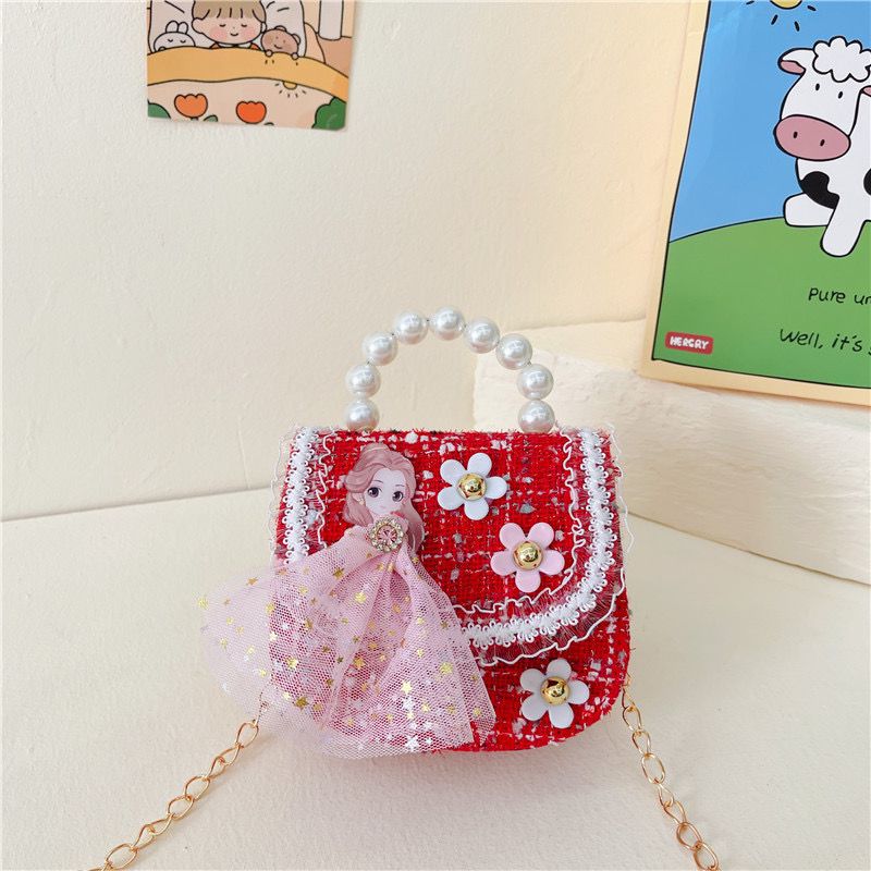 Princess Pearl Handle Tweed Mini Handbag  Cute Pink Dress Design Purse for Girls