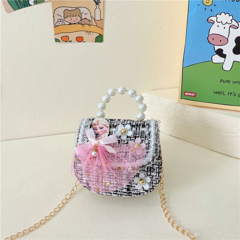 Princess Pearl Handle Tweed Mini Handbag  Cute Pink Dress Design Purse for Girls