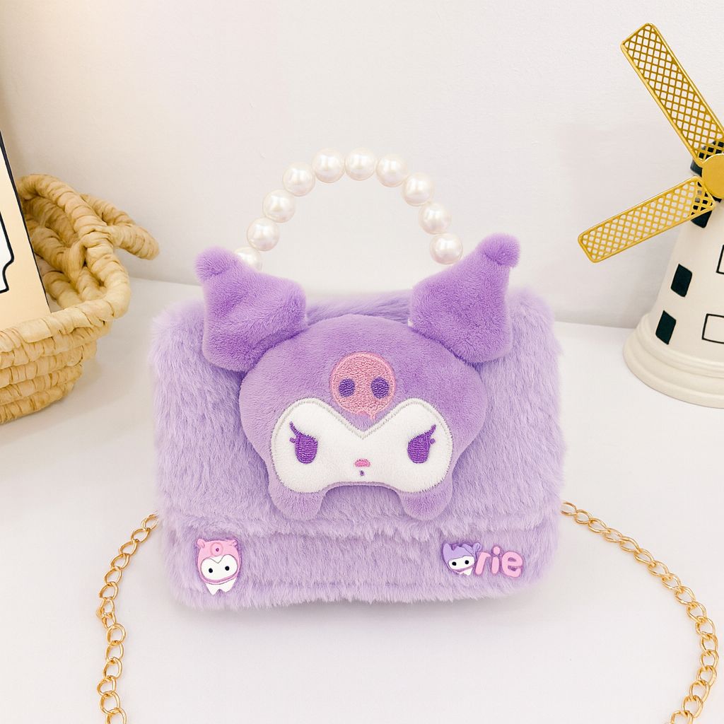 Cute Kuromi Plush Handbag for Kids  Pearl Handle & Gold Chain | Mini Crossbody Shoulder Bag