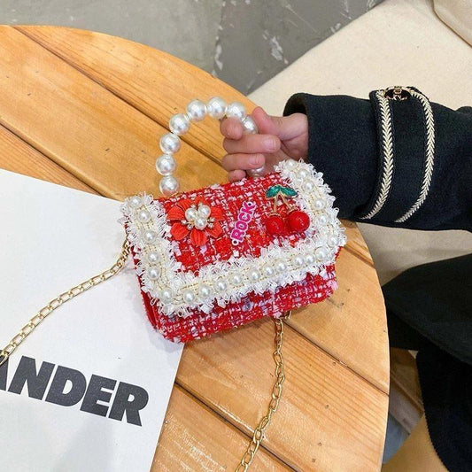 Mini Pearl Handle Tweed Handbag  Cute Cherry Embellished Crossbody Purse for Girls