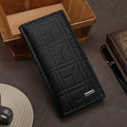 Men’s Premium Long Leather Wallet  Stylish Check Pattern Clutch Purse