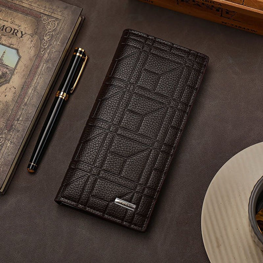 Men’s Premium Long Leather Wallet  Stylish Check Pattern Clutch Purse
