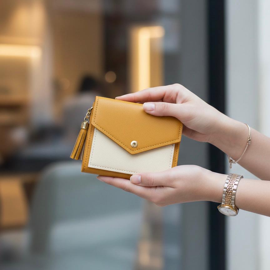 Women’s Mini Color-Block Wallet  Compact Card Holder with Tassel & Snap Closure